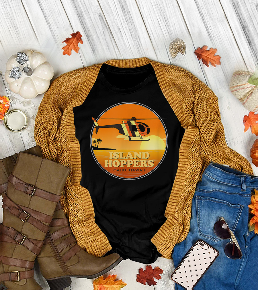 Island Hoppers Oahu Hawaii Classic 80'S TV Helicopter Sunset T-Shirt