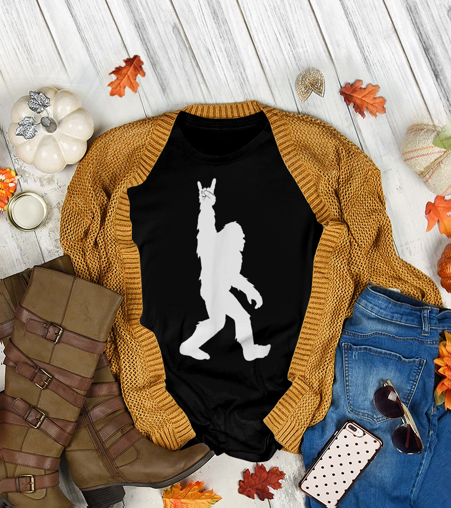 Funny Bigfoot Rock And Roll Sasquatch Silhouette With Rock On Hand Gesture T-Shirt