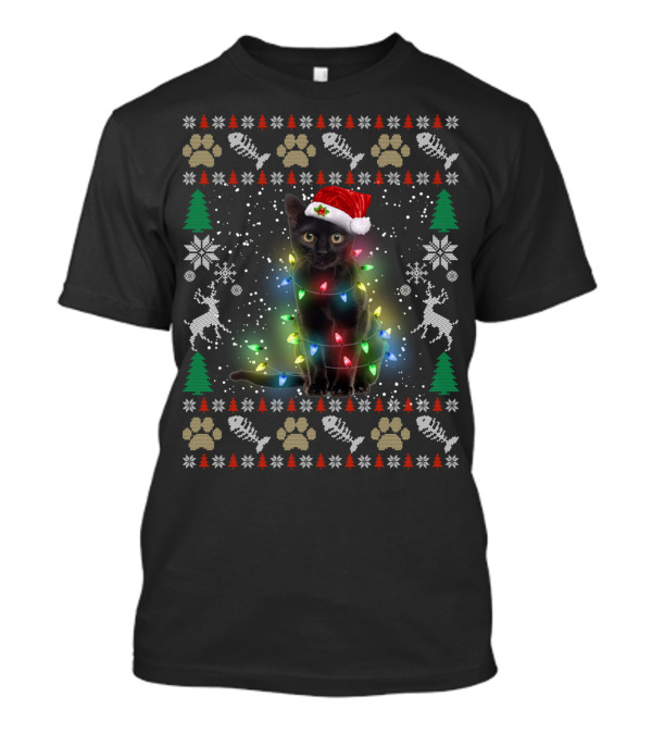Christmas Lights Santa Hat Funny Black Cat Kitten Holiday T-Shirt