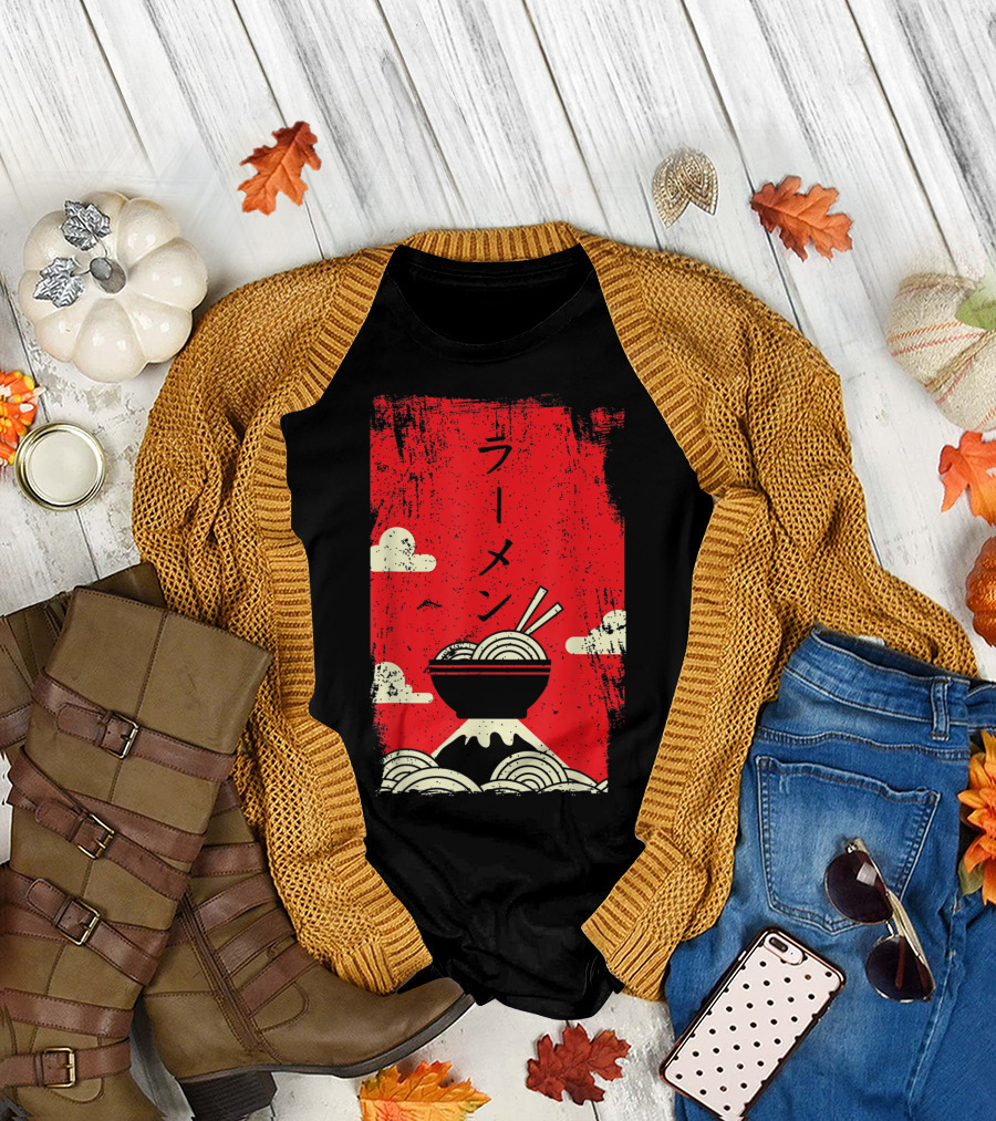 Ramen Noodles Japanese Mount Fuji Red Clouds T-Shirt