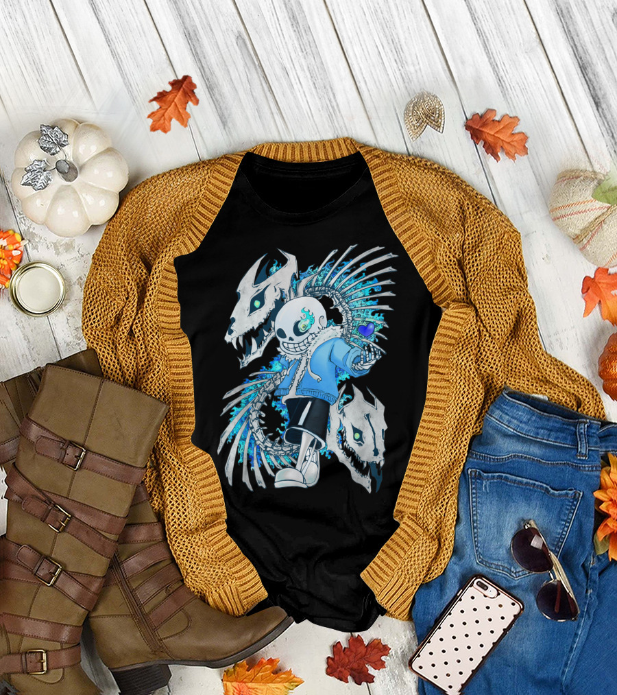 Sans Blue Magic Heart Undertale Character Skeleton Flame Skull T-Shirt