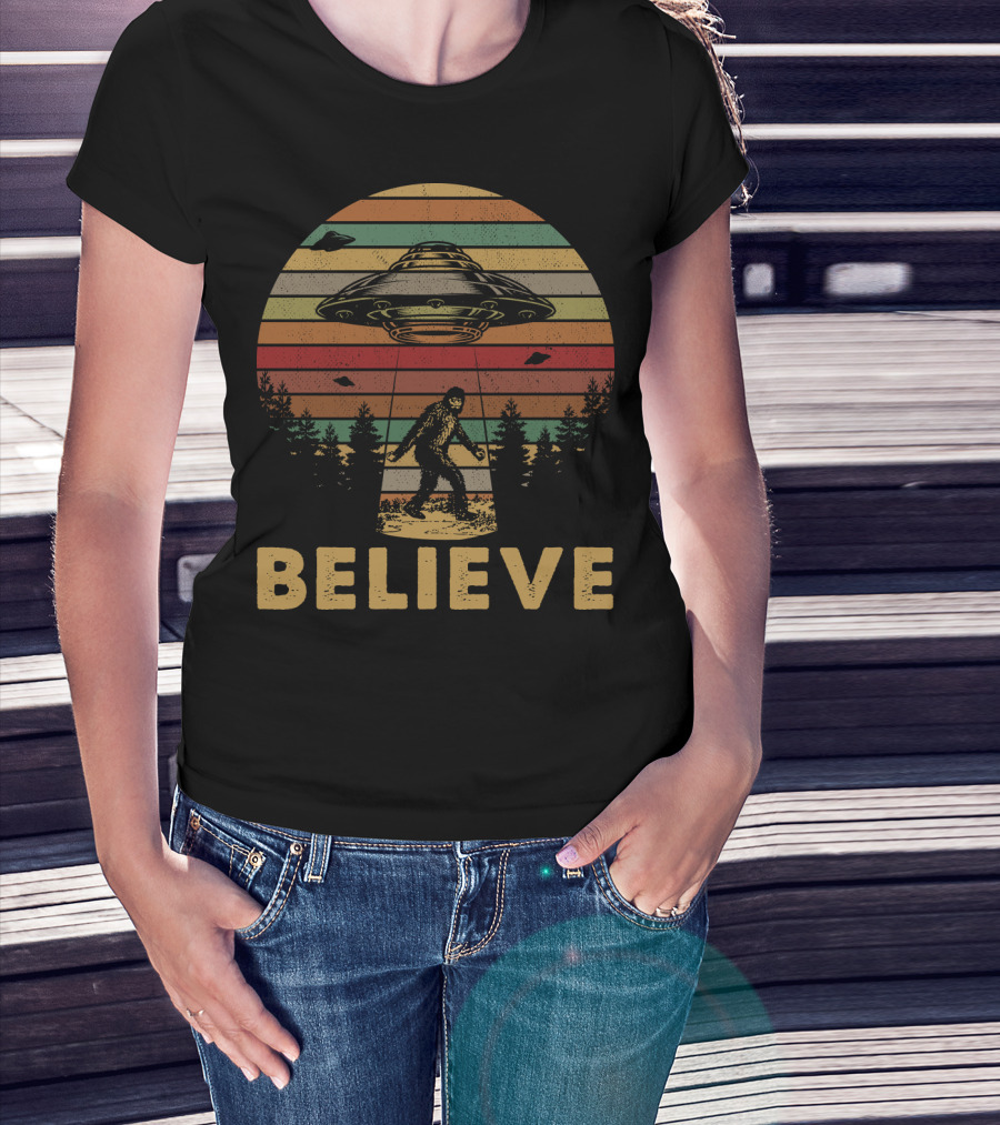 Believe Bigfoot UFO Vintage Stripes Forest Retro T-Shirt