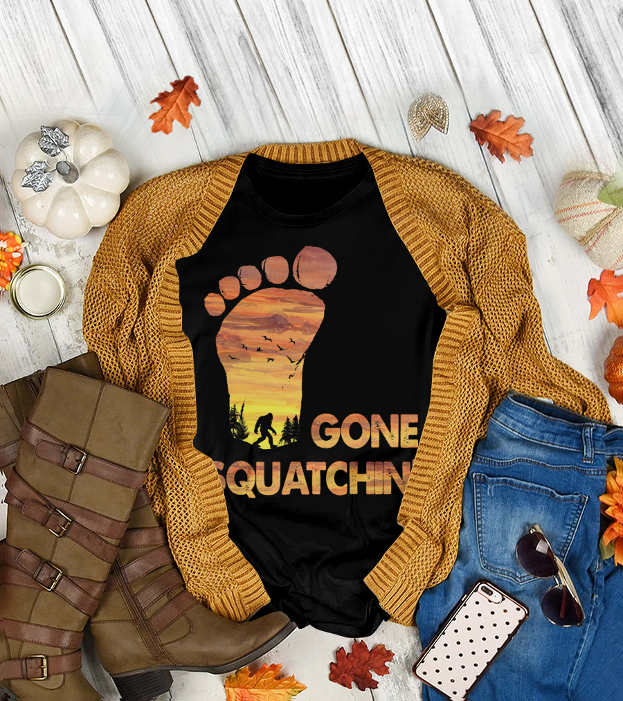 Bifoot Gone Squatchin Footprint Silhouette with Bigfoot and Mountain Sunset Scene T-Shirt