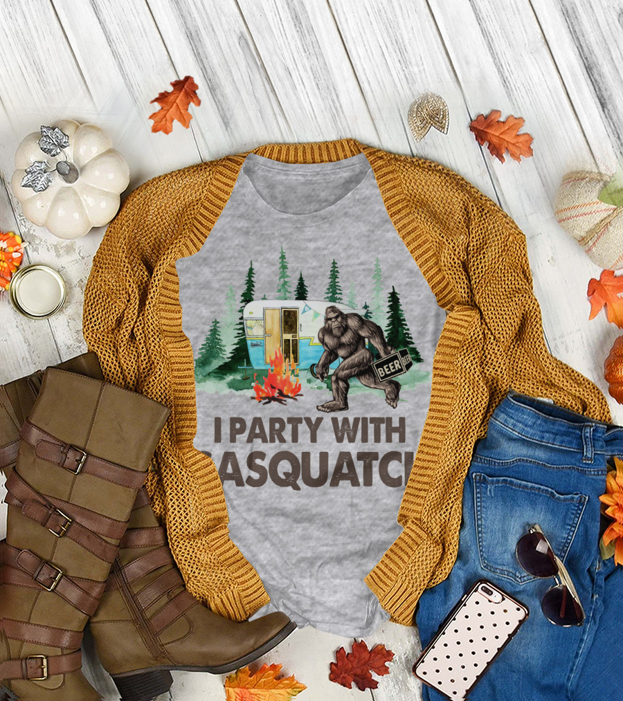 Beer I Party With Sasquatch Camper Fire Forest Scene T-Shirt