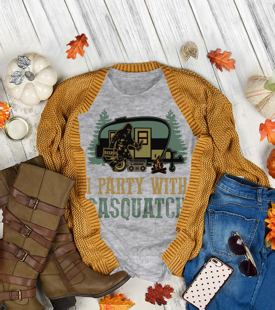 I Party with Sasquatch Beer Campfire Boombox Trailer Adventure T-Shirt