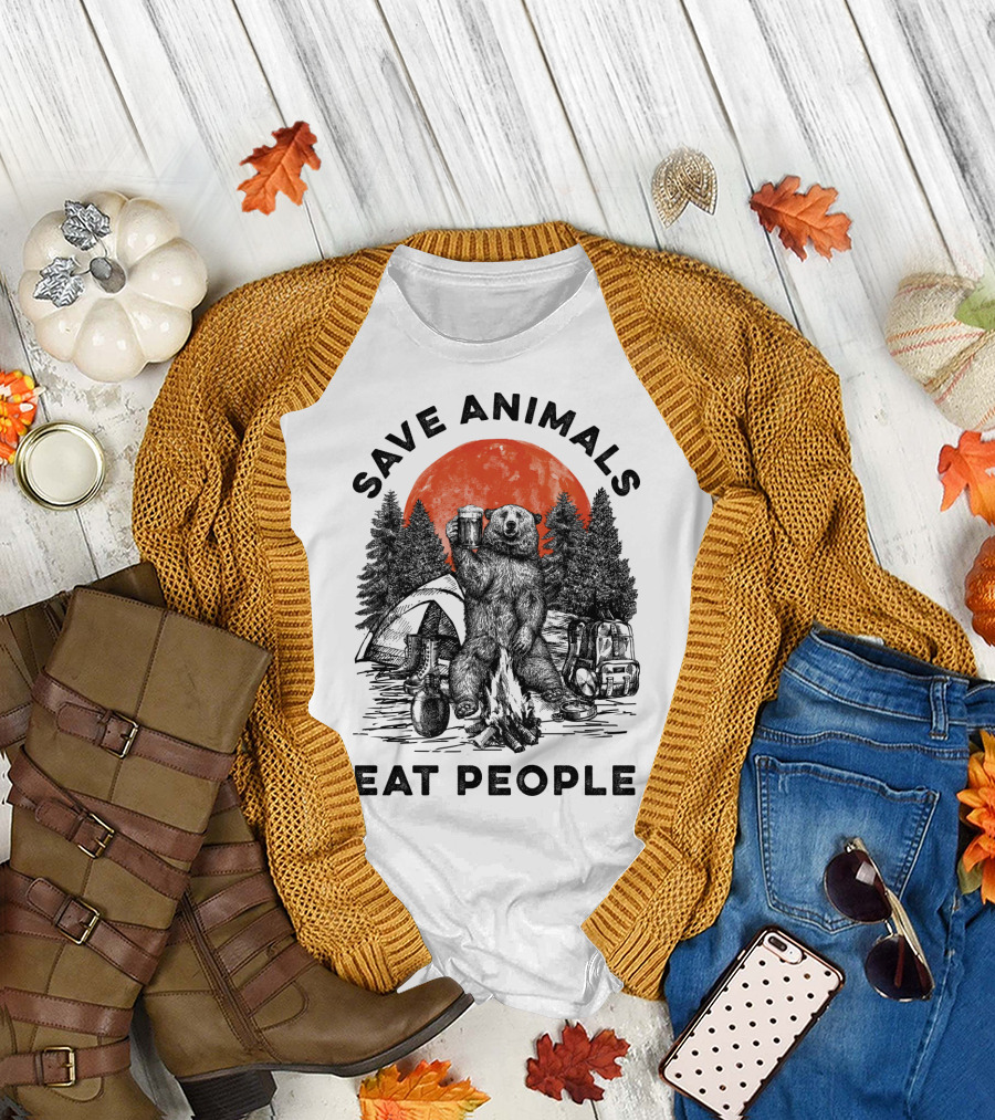 Save Animals Eat People Camping Bear Campfire Scene T-Shirt