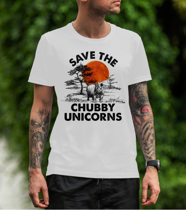 Save The Chubby Unicorns Rhino Conservation Sunset Scene T-Shirt