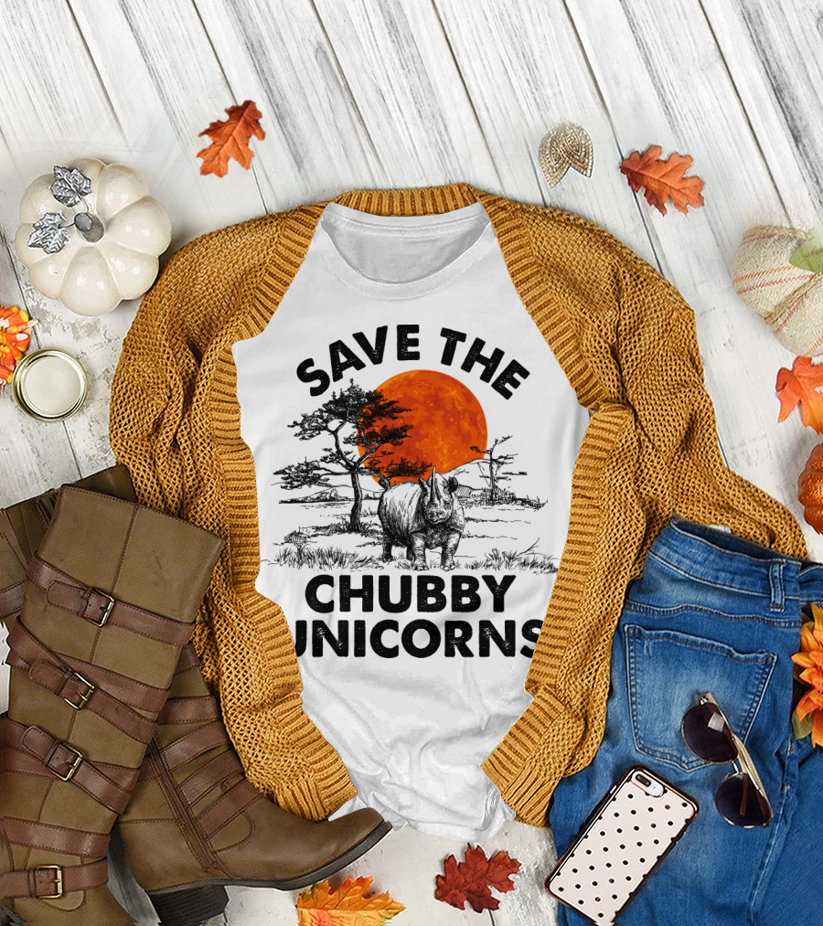 Save the Chubby Unicorns Rhino Conservation Sunset Scene T-Shirt
