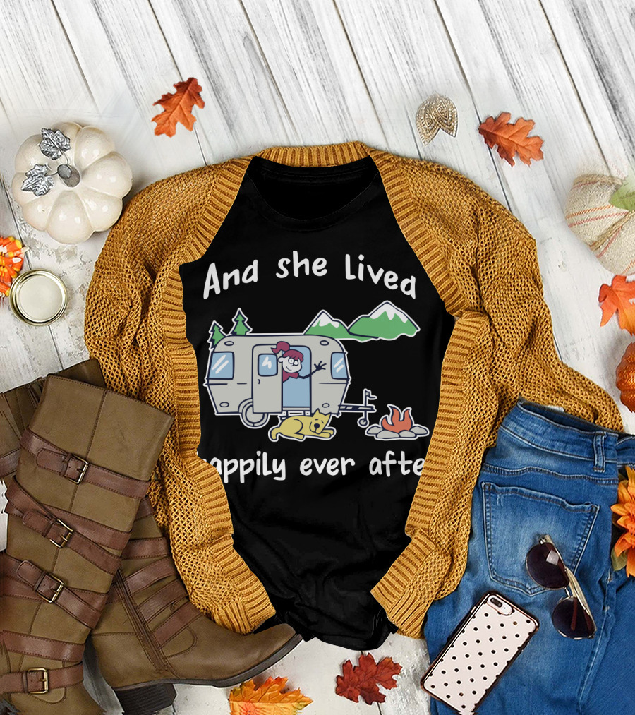 And She Lived Happily Ever After Camper Mountains Campfire Dog T-Shirt