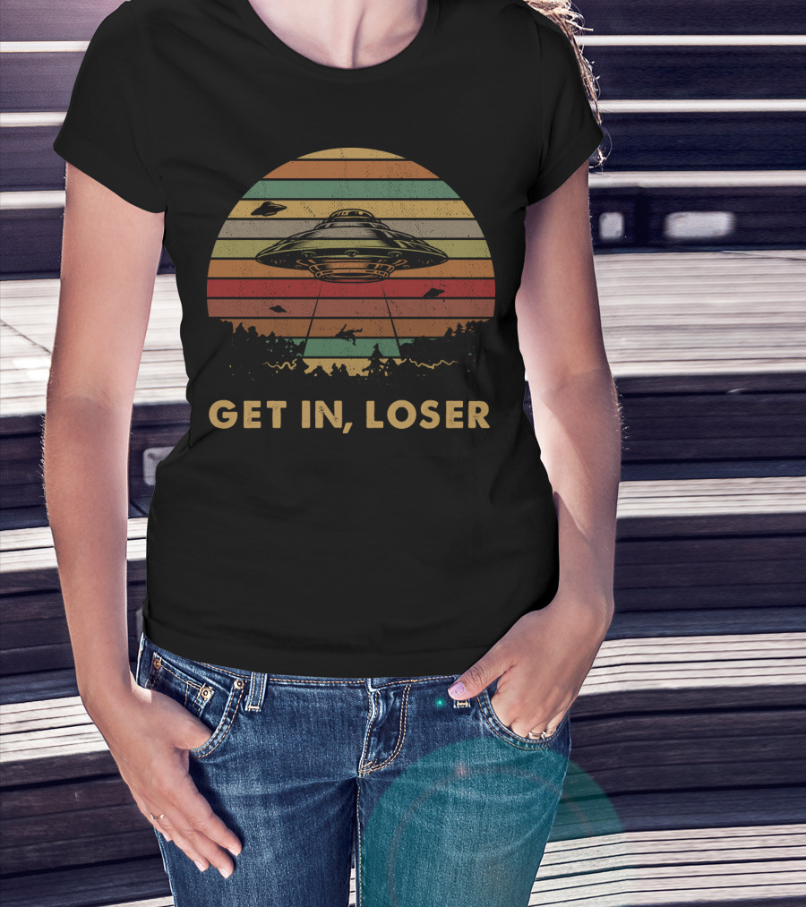 Get In Loser UFO Vintage Sunset Retro Stripes T-Shirt