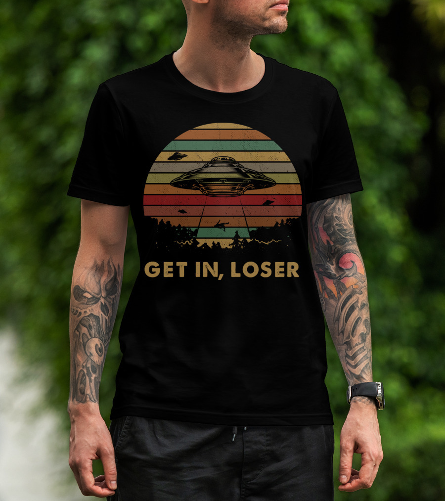 Get In Loser UFO Vintage Sunset Retro Stripes T-Shirt
