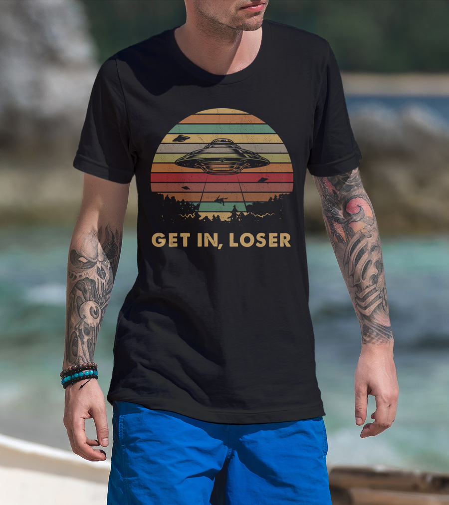 Get In Loser UFO Vintage Sunset Retro Stripes T-Shirt