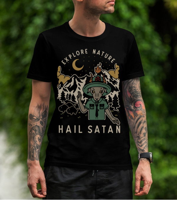 Explore Nature Hail Satan Moonlit Mountain Landscape Goat Character T-Shirt