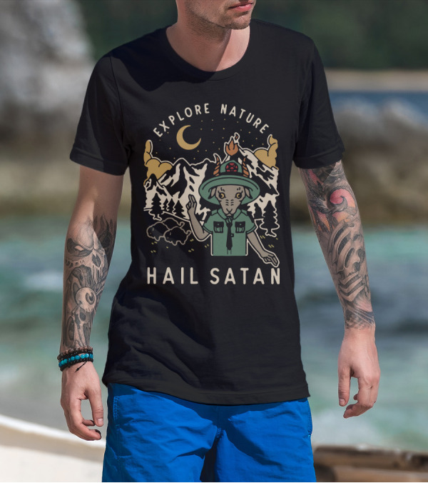 Explore Nature Hail Satan Moonlit Mountain Landscape Goat Character T-Shirt