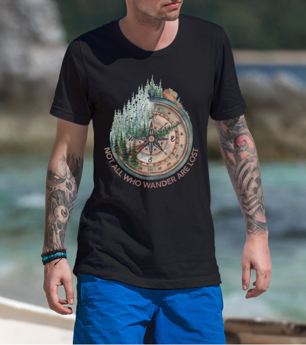 Not All Who Wander Are Lost Adventure Compass Forest Scene T-Shirt