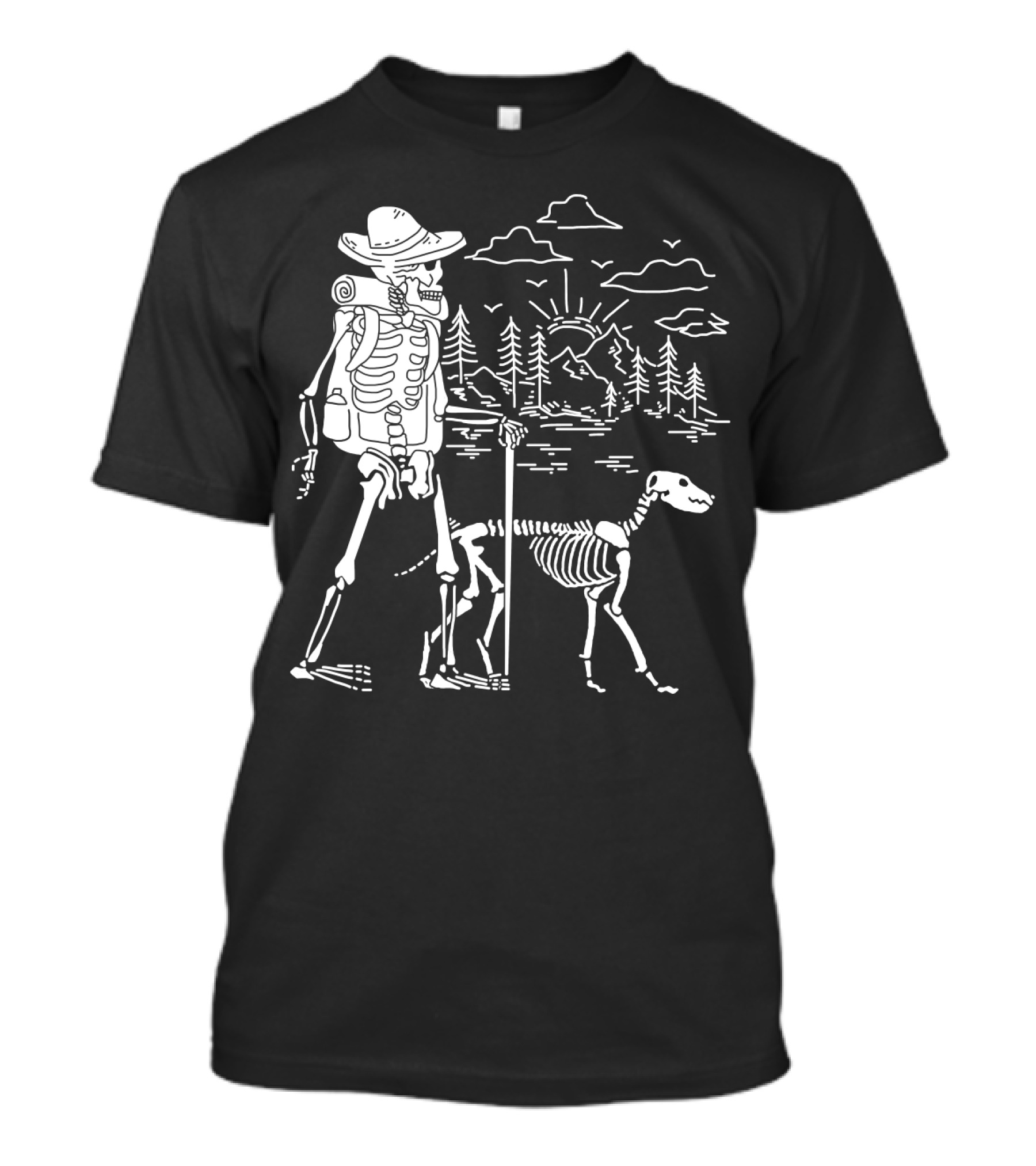 Hiking Skeleton With Skeleton Dog In Mountain Forest Scene T-Shirt