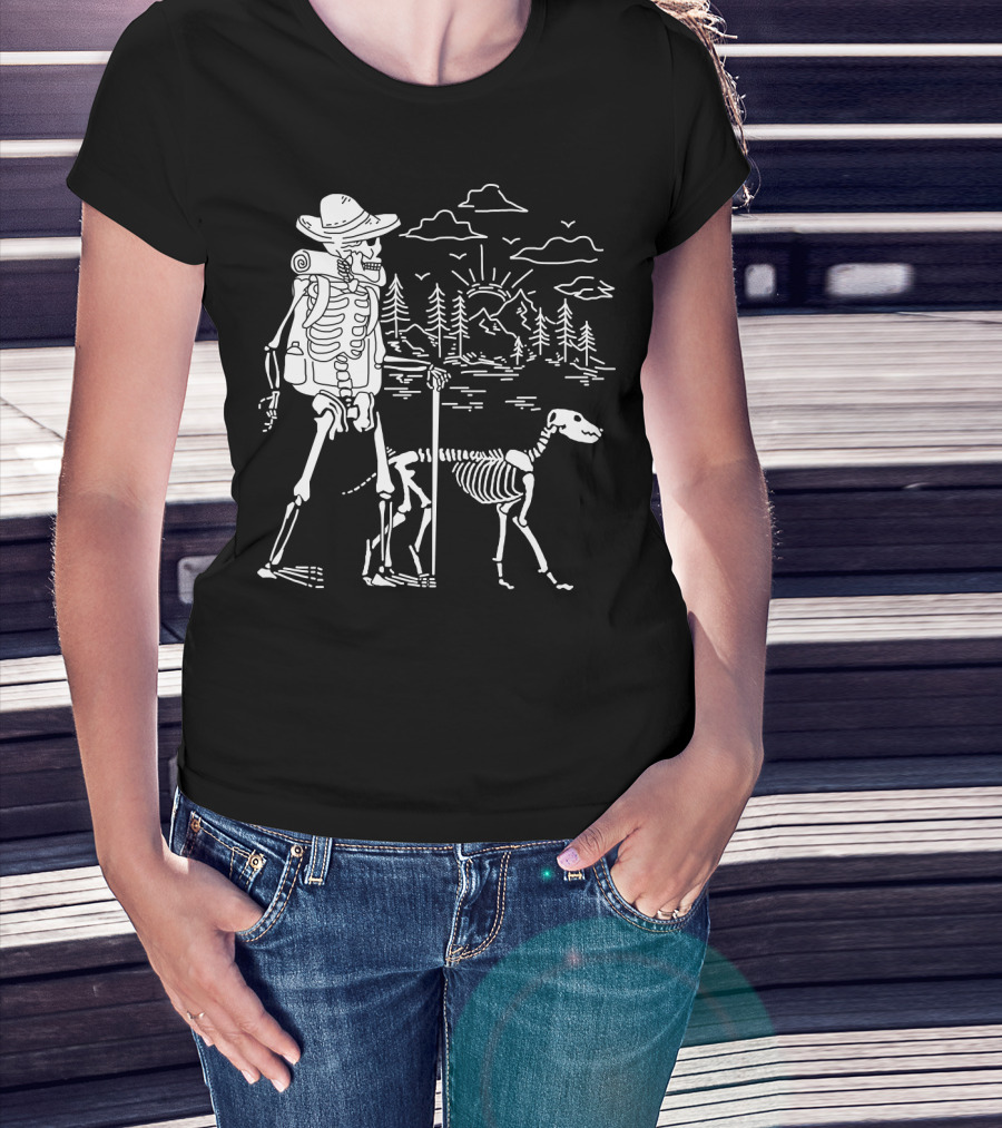 Hiking Skeleton With Skeleton Dog In Mountain Forest Scene T-Shirt