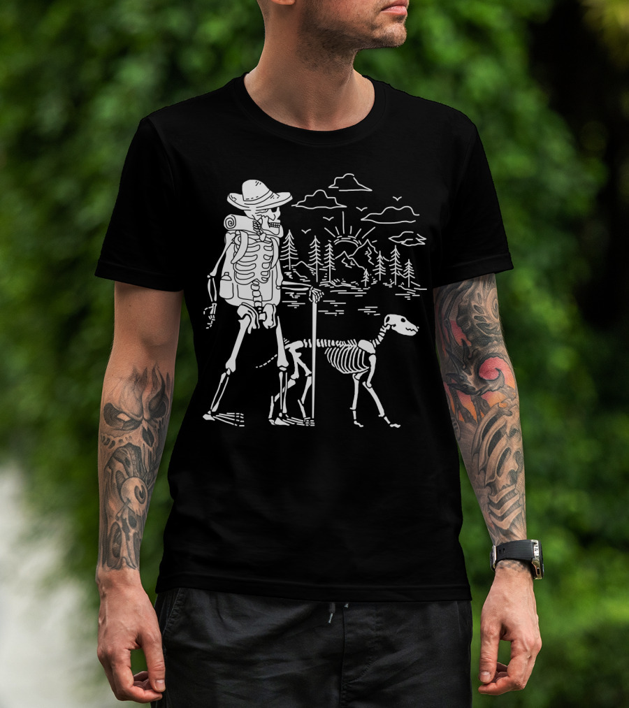 Hiking Skeleton With Skeleton Dog In Mountain Forest Scene T-Shirt