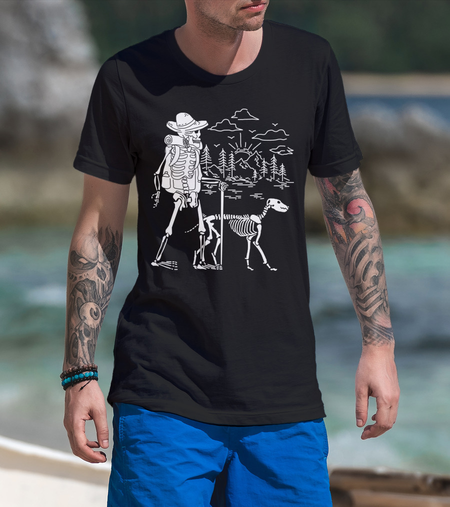 Hiking Skeleton With Skeleton Dog In Mountain Forest Scene T-Shirt