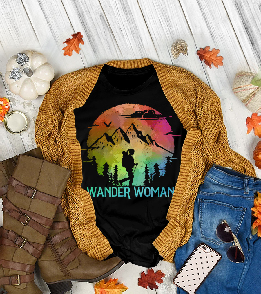 Wander Woman Hiking Adventure Rainbow Mountain Sunset T-Shirt