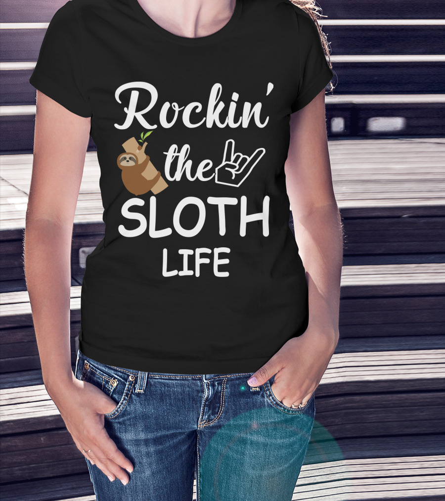Rockin' The Sloth Life With Rock Hand Gesture And Cute Sloth Hanging On Branch T-Shirt