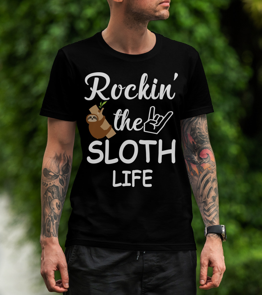 Rockin' The Sloth Life With Rock Hand Gesture And Cute Sloth Hanging On Branch T-Shirt
