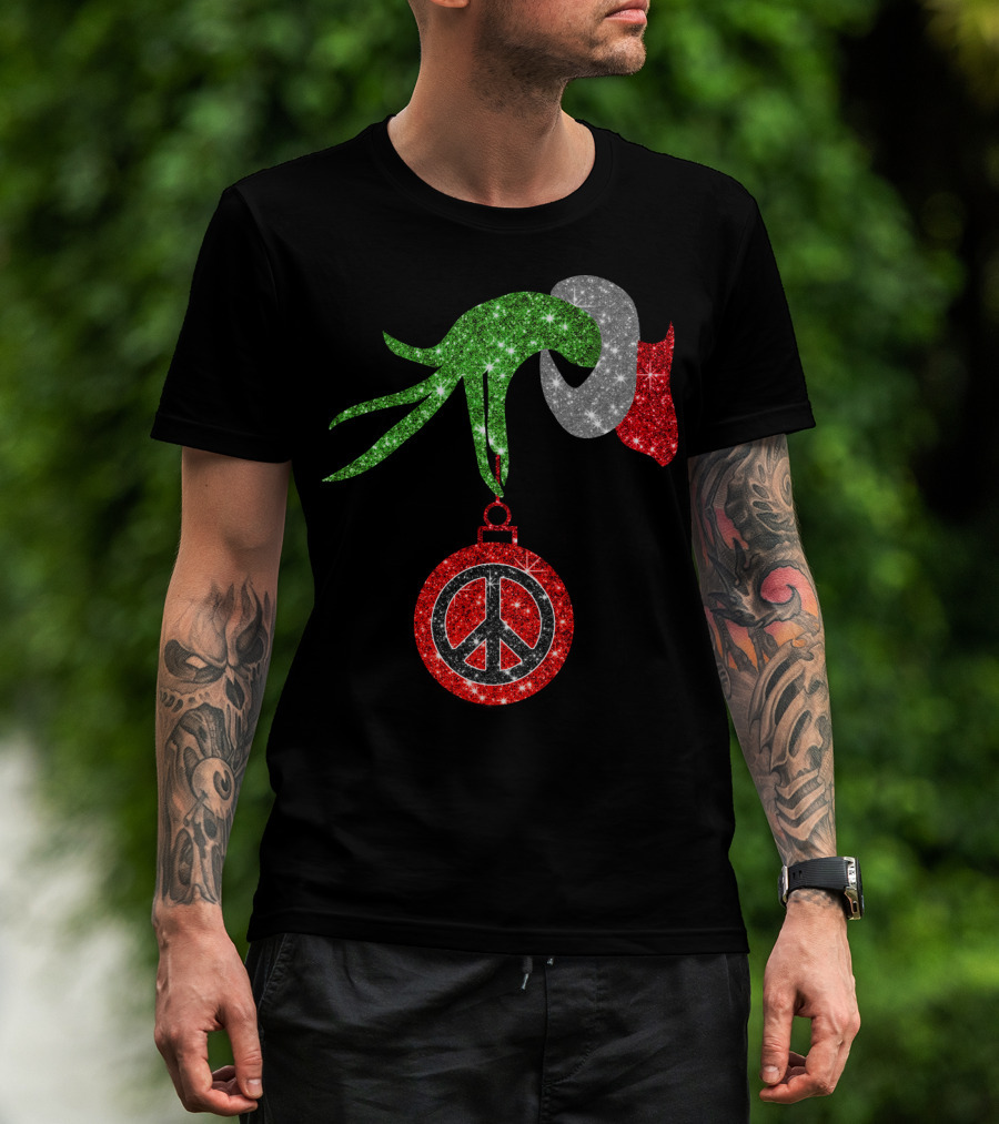 Grinch Hand Holding Peace Sign Ornament Christmas Hippie T-Shirt