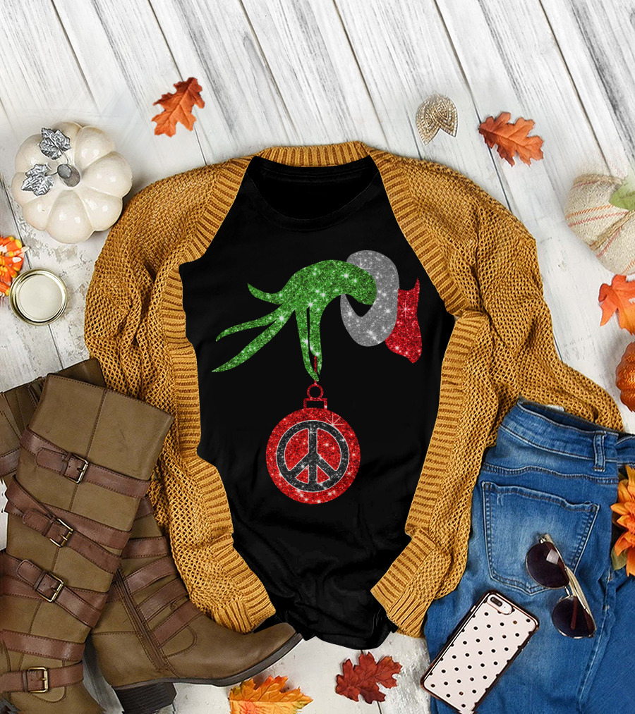 Grinch Hand Holding Peace Sign Ornament Christmas Hippie T-Shirt