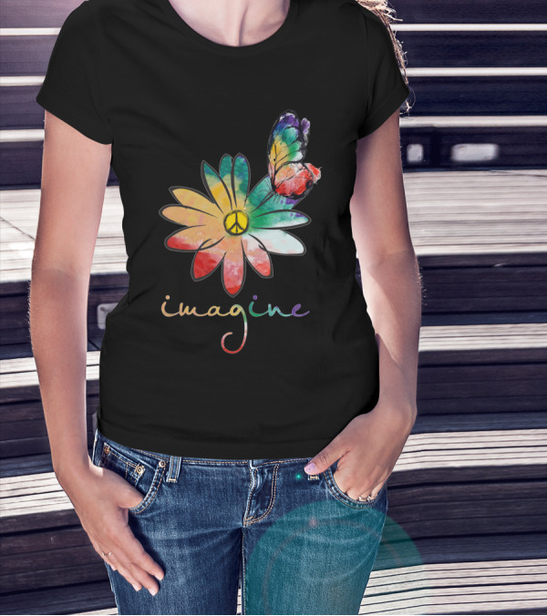 Imagine Peace Flower Hippie Butterfly T-Shirt