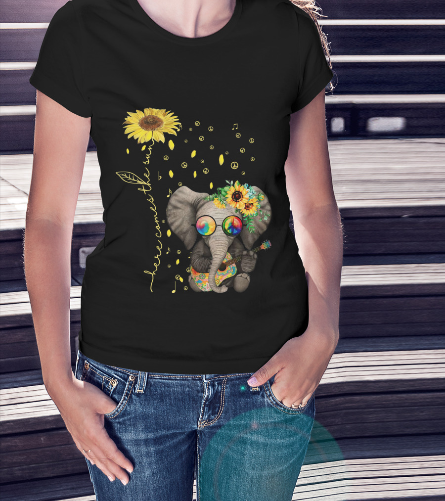 Here Comes The Sun Elephant With Sunflower And Peace Symbols T-Shirt