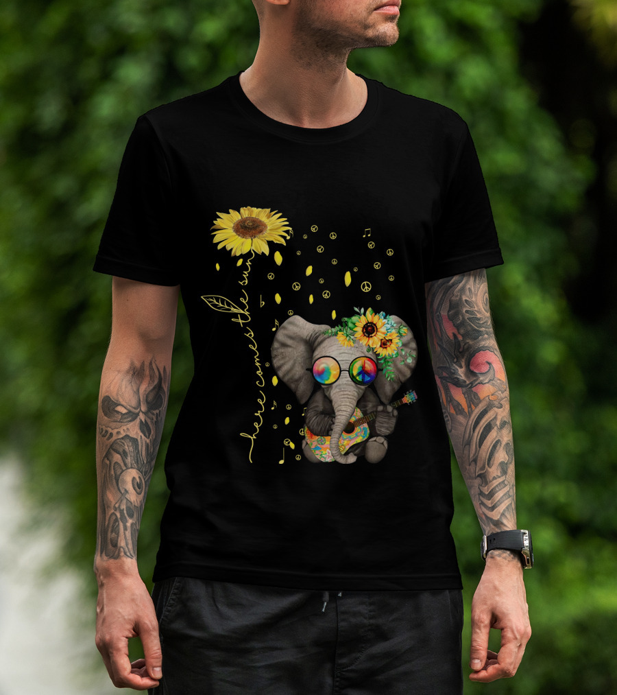 Here Comes The Sun Elephant With Sunflower And Peace Symbols T-Shirt