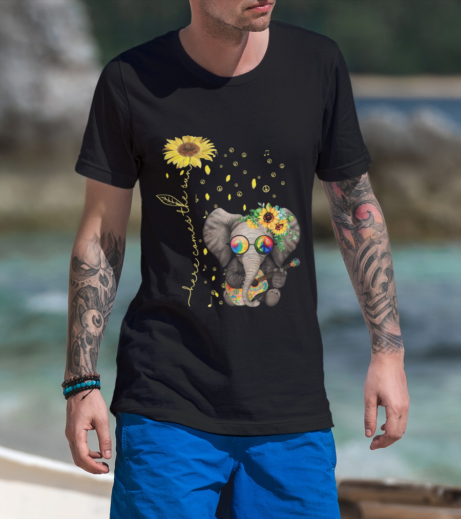 Here Comes The Sun Elephant With Sunflower And Peace Symbols T-Shirt
