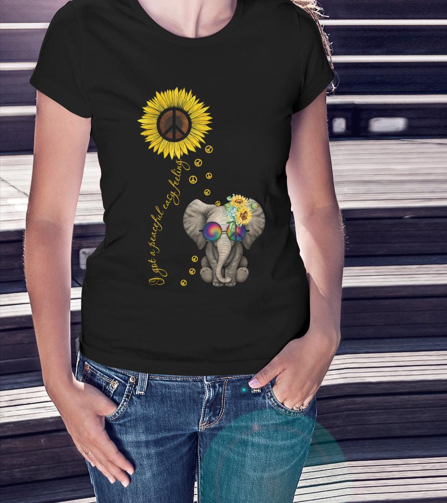 I Got A Peaceful Easy Feeling Elephant With Sunflower And Peace Symbols T-Shirt