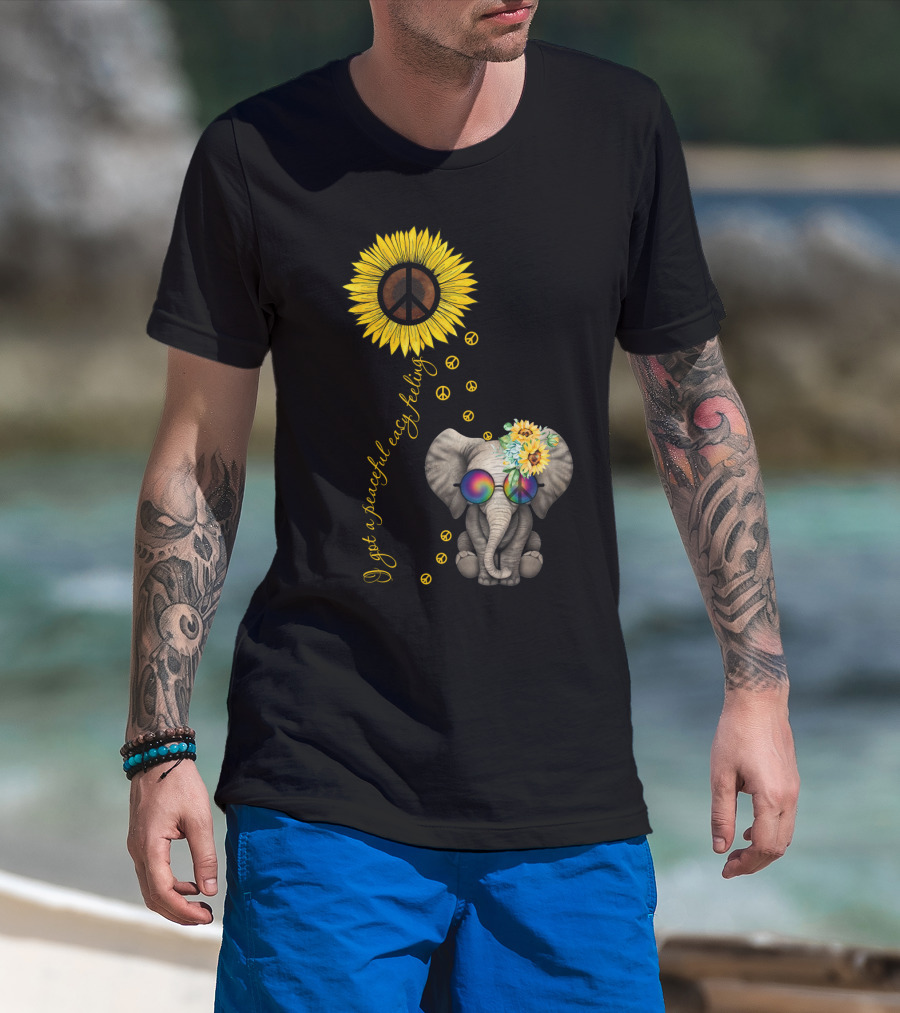 I Got A Peaceful Easy Feeling Elephant With Sunflower And Peace Symbols T-Shirt