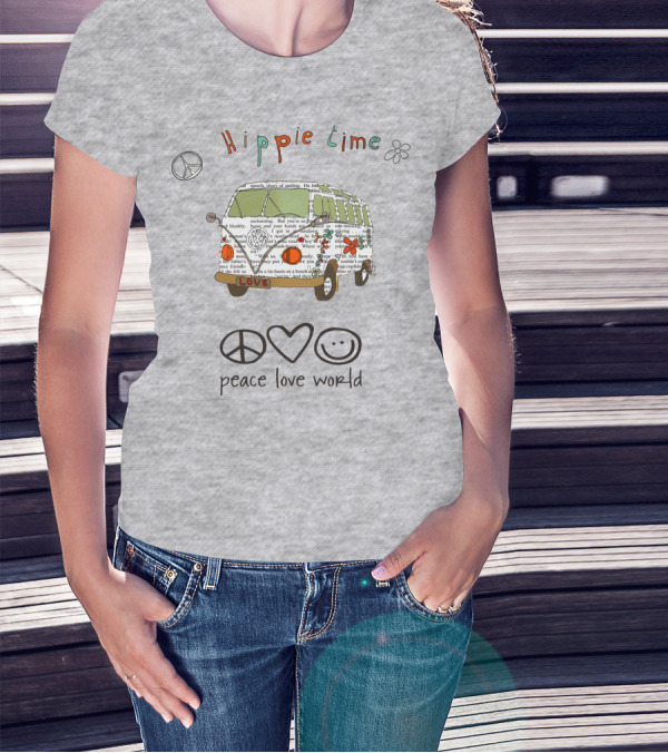 Hippie Time Peace Love World Retro Van Design With Symbols T-Shirt