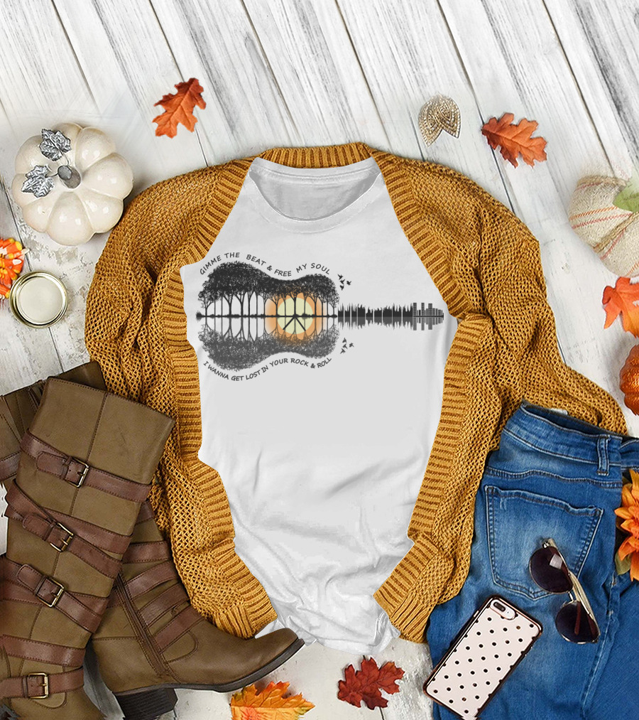 Gimme the Beat and Free My Soul I Wanna Get Lost in Your Rock and Roll Guitar Skyline Sunset T-Shirt