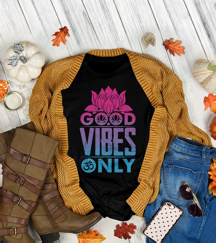 Good Vibes Only Lotus Om Symbol Text T-Shirt