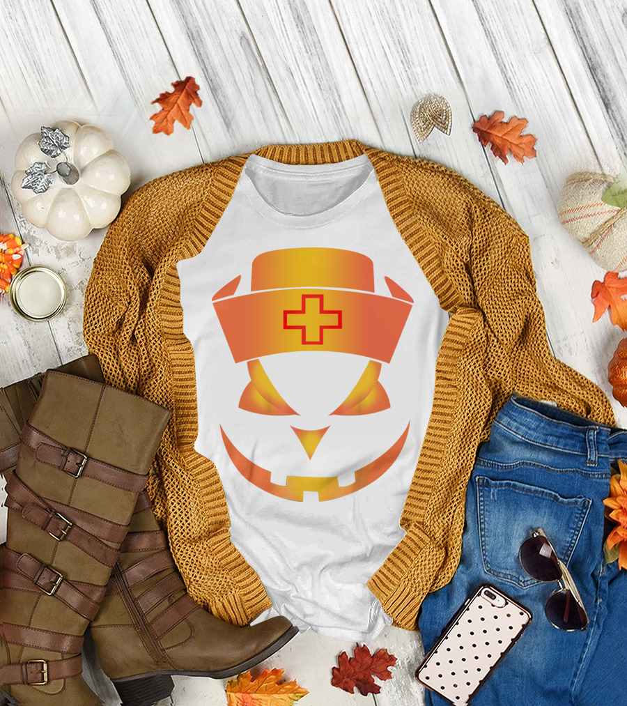 Nurse Pumpkin Face with Cross Hat Halloween T-Shirt