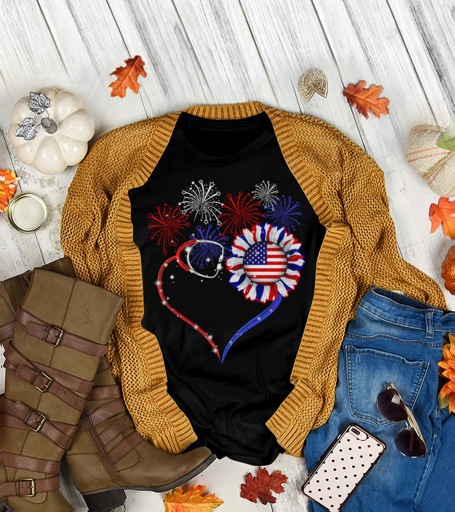 Nurse Patriotic Heart with American Flag and Fireworks T-Shirt