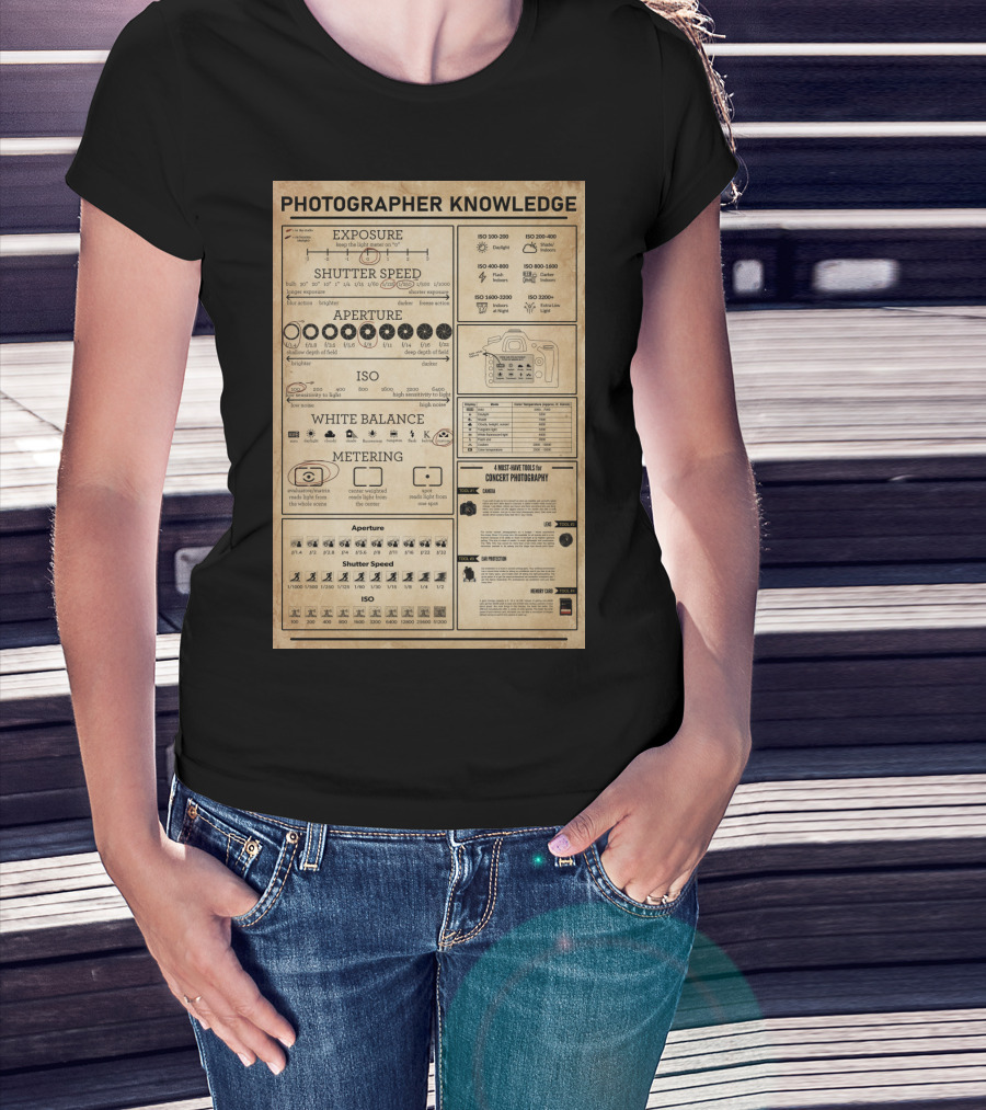 Photographer Knowledge Exposure Shutter Speed Aperture ISO White Balance Metering Concert Photography Guide T-Shirt