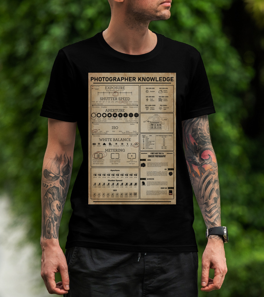 Photographer Knowledge Exposure Shutter Speed Aperture ISO White Balance Metering Concert Photography Guide T-Shirt