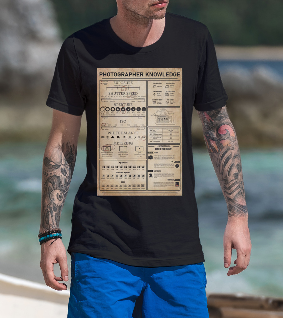 Photographer Knowledge Exposure Shutter Speed Aperture ISO White Balance Metering Concert Photography Guide T-Shirt