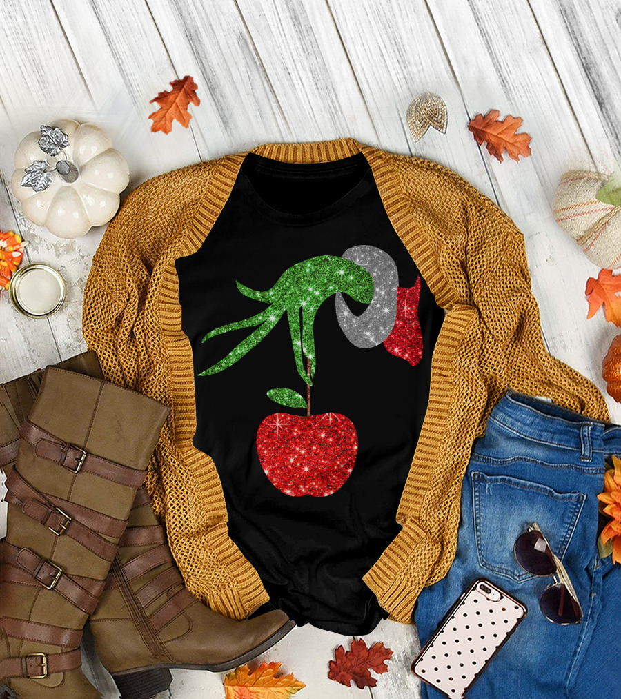 Green Grinch Hand Holding Shiny Red Apple T-Shirt