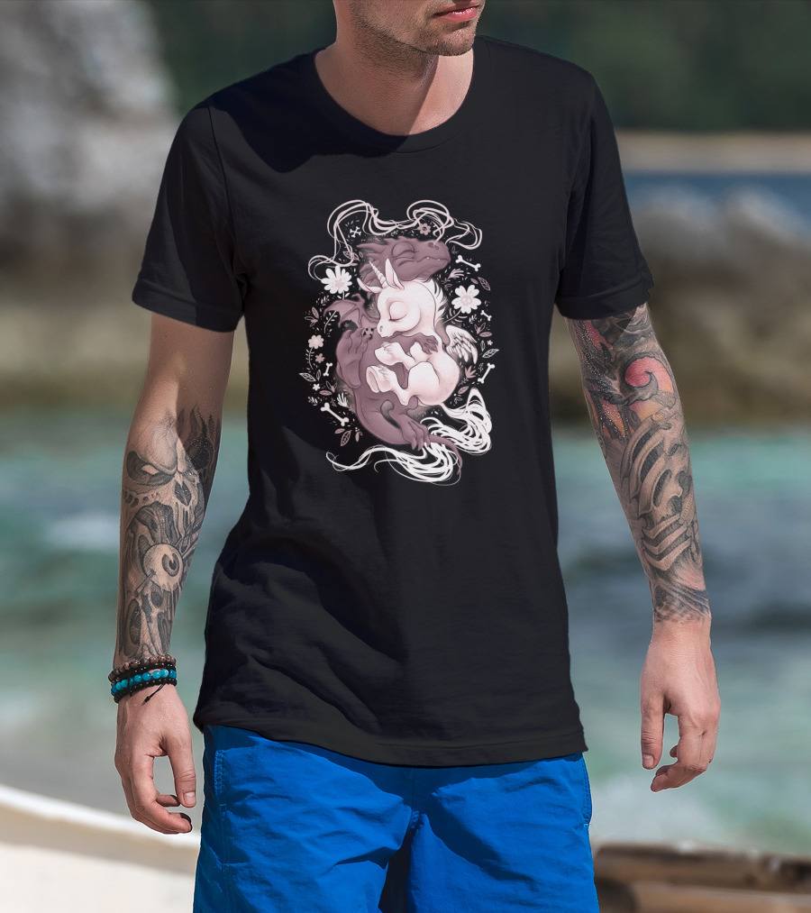 Dragon Unicorn Sleeping Embrace With Flowers And Bones T-Shirt