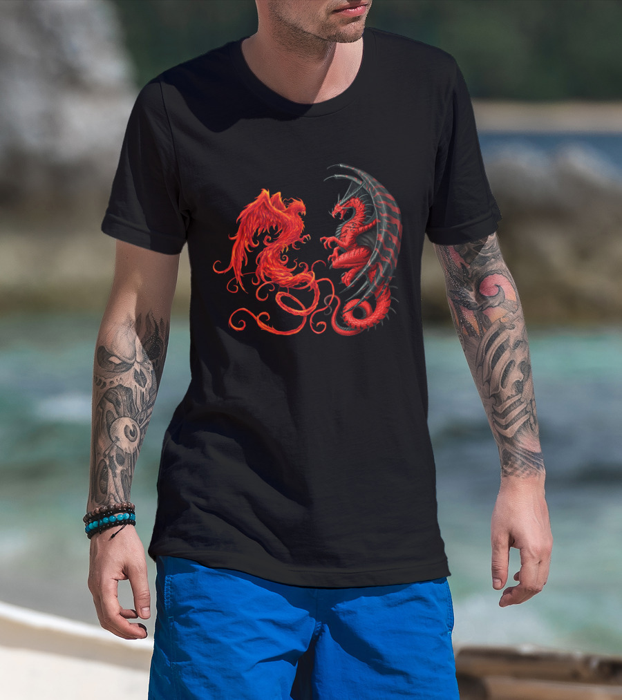 Dragon And Phoenix Symbols IN Red And Black Encounter T-Shirt
