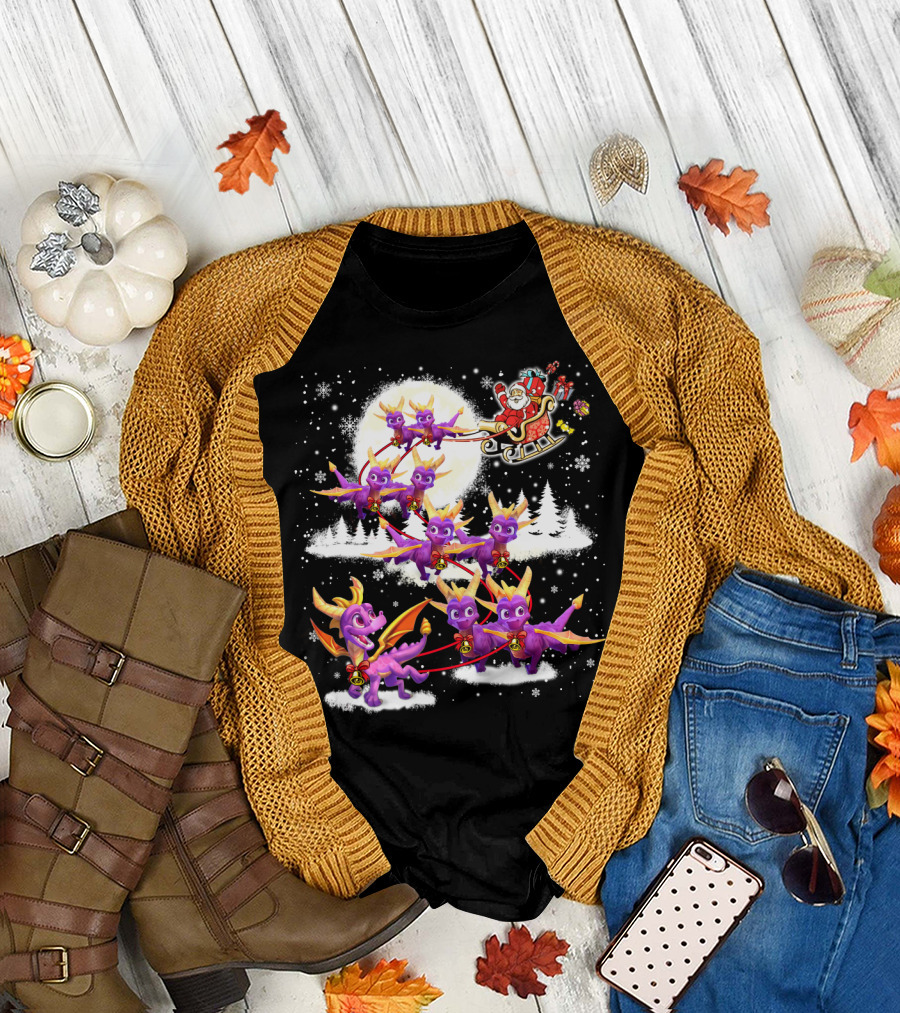 Santa's Sleigh Pulled by Purple Dragon Reindeer T-Shirt