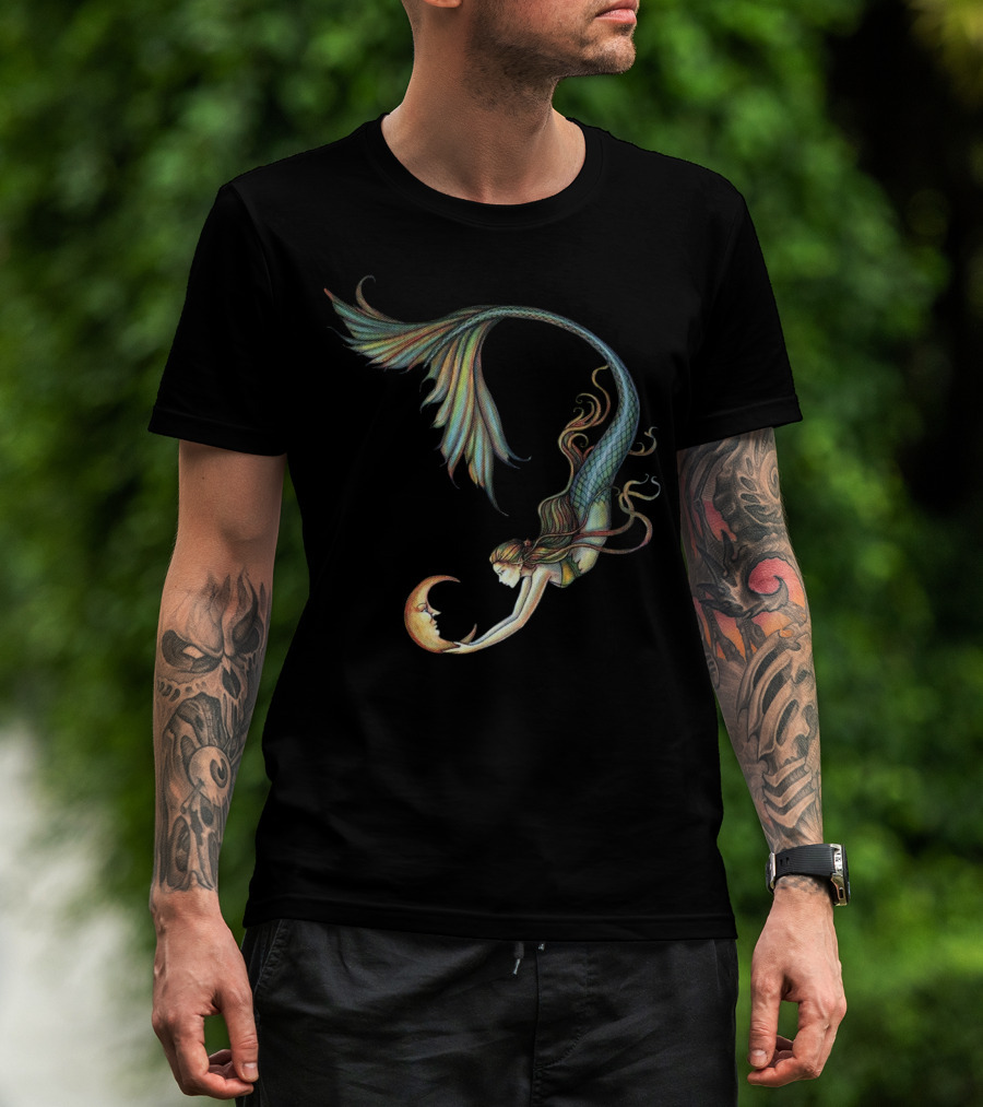 Mermaid Embrace With Smiling Crescent Moon T-Shirt