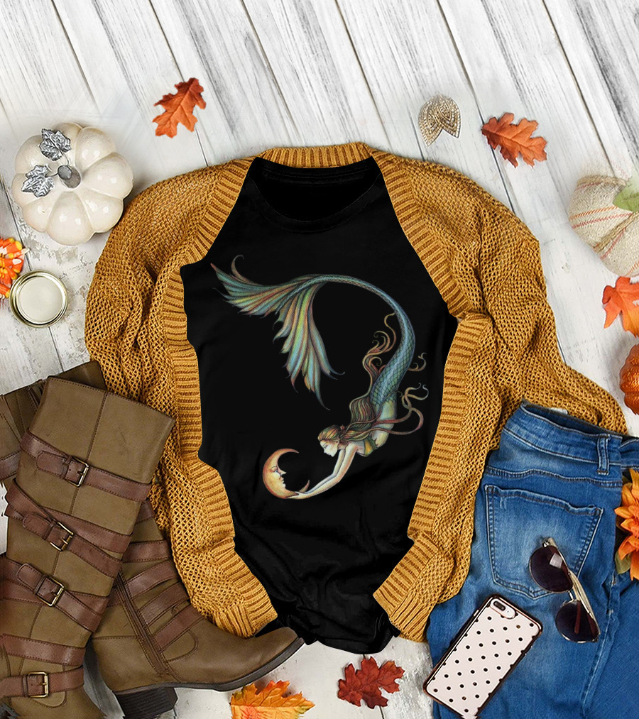 Mermaid Embrace With Smiling Crescent Moon T-Shirt