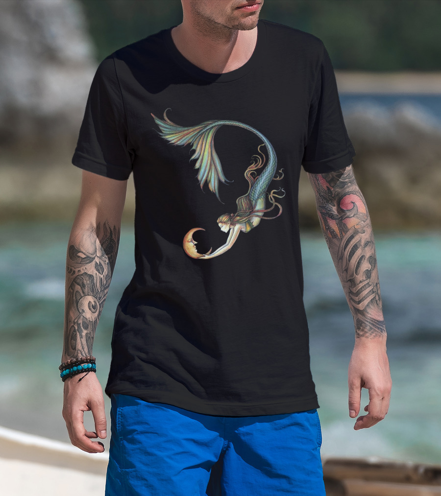 Mermaid Embrace With Smiling Crescent Moon T-Shirt