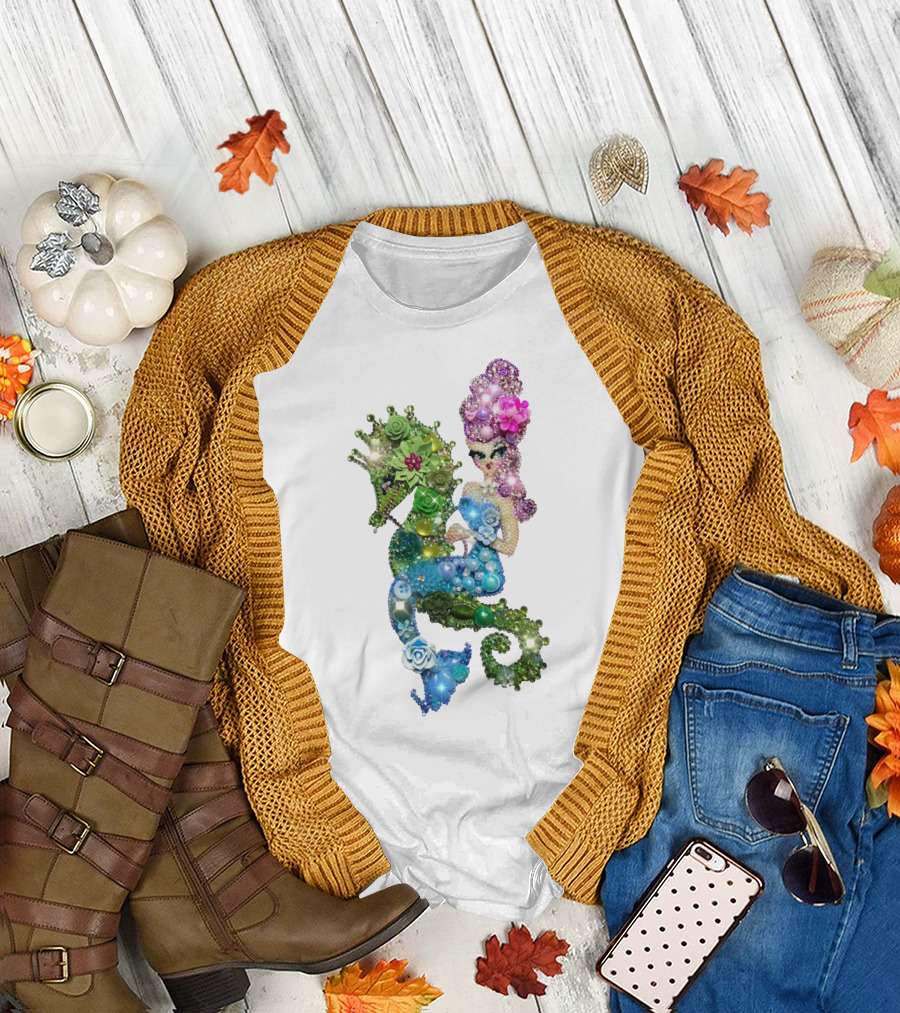 MERMAID RIDING A SEAHORSE JEWEL EMBELLISHED FANTASY CREATURE T-Shirt